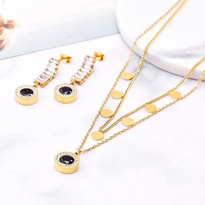Fashion Geometric Titanium Steel Layered Necklaces Inlay Zircon Stainless Steel Necklaces 1 Piece