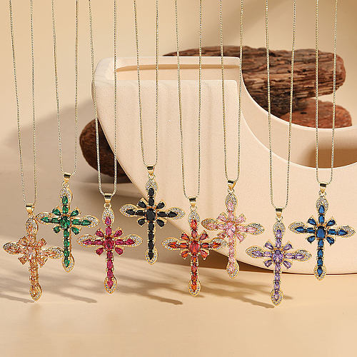 Elegante, luxuriöse, klassische Kreuz-Kupfer-Inlay-Zirkon-Anhänger-Halskette mit 14-Karat-Vergoldung