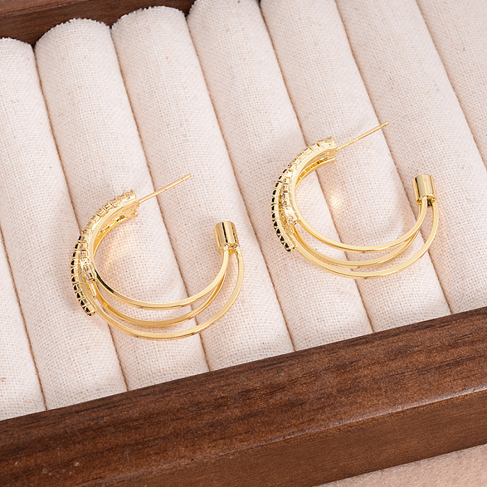 1 Pair IG Style Elegant Shiny C Shape Plating Inlay Copper Rhinestones 14K Gold Plated Ear Studs