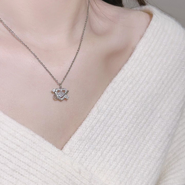 Simple Style Heart Shape Titanium Steel Copper Plating Inlay Zircon White Gold Plated Pendant Necklace