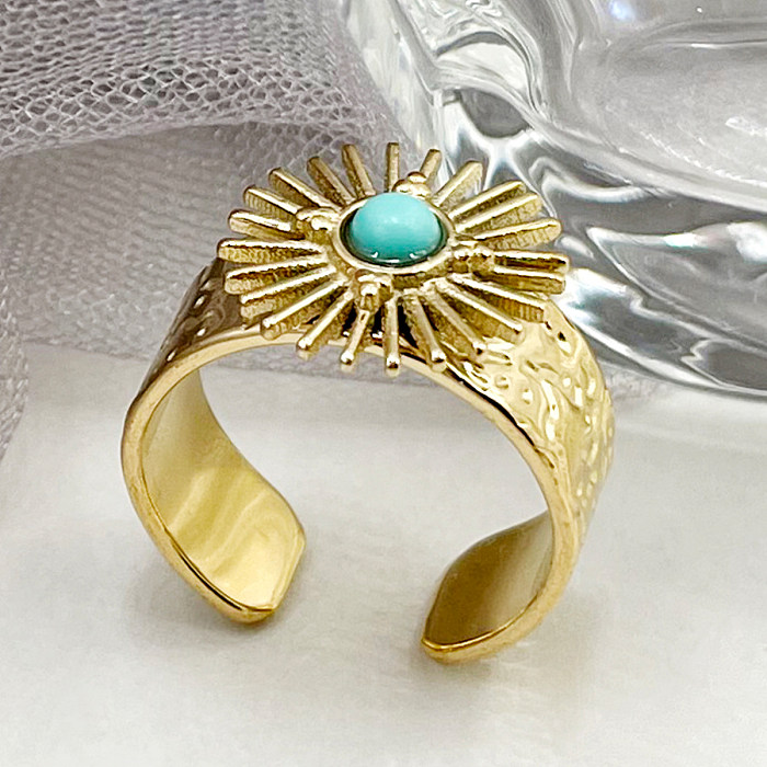 Retro Sun Stainless Steel Gold Plated Natural Stone Open Ring In Bulk