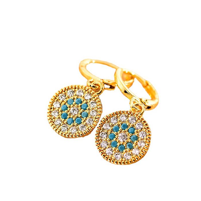 Simple Style Round Copper Patchwork Zircon Drop Earrings 1 Pair