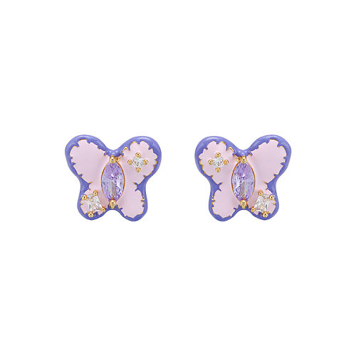 1 paire de clous d'oreilles en cuivre et Zircon avec incrustation de papillon mignon