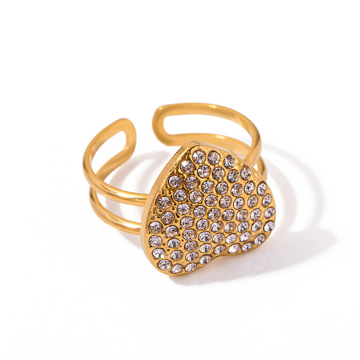 Offene Ringe im IG-Stil, glänzend, herzförmig, Edelstahl-Beschichtung, Einlage, Strasssteine, 18 Karat vergoldet