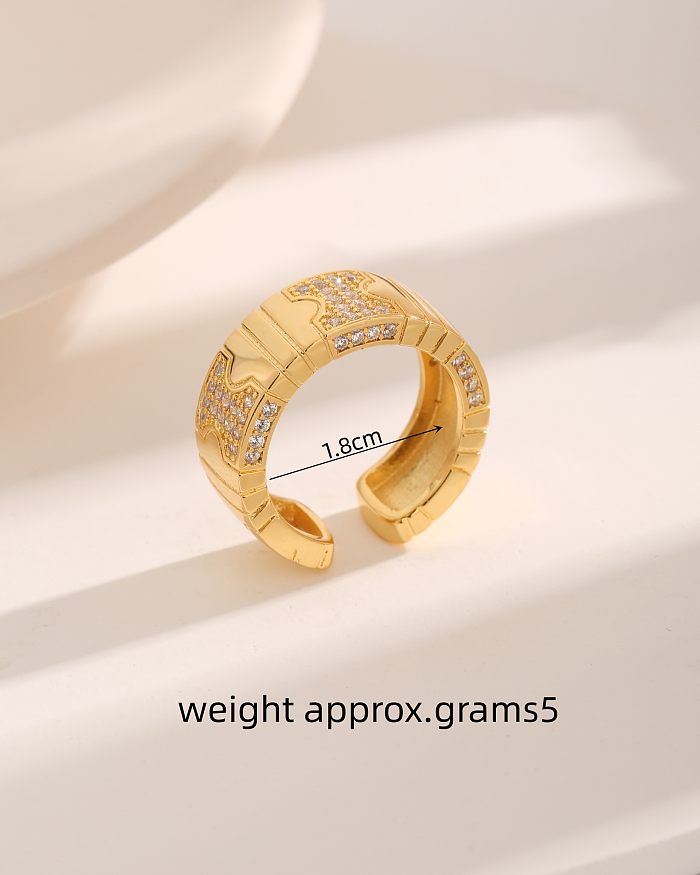 Basic Luxurious Modern Style Lines Copper Plating Inlay Zircon 18K Gold Plated Open Rings