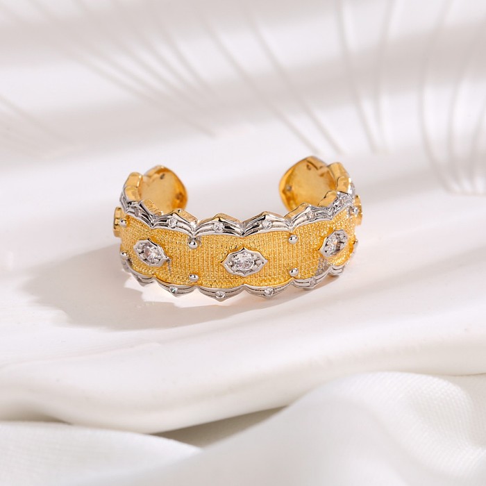 Style Vintage luxueux Style français Lotus cuivre placage dentelle incrustation Zircon 18K plaqué or anneaux ouverts anneaux