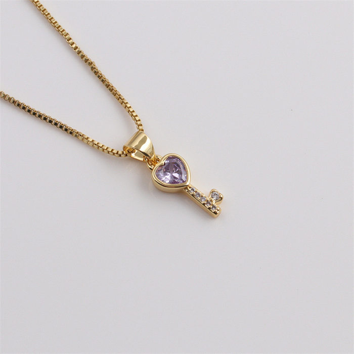 Fashion Multicolor Heart Key Inlaid Zircon Copper Necklace Wholesale jewelry
