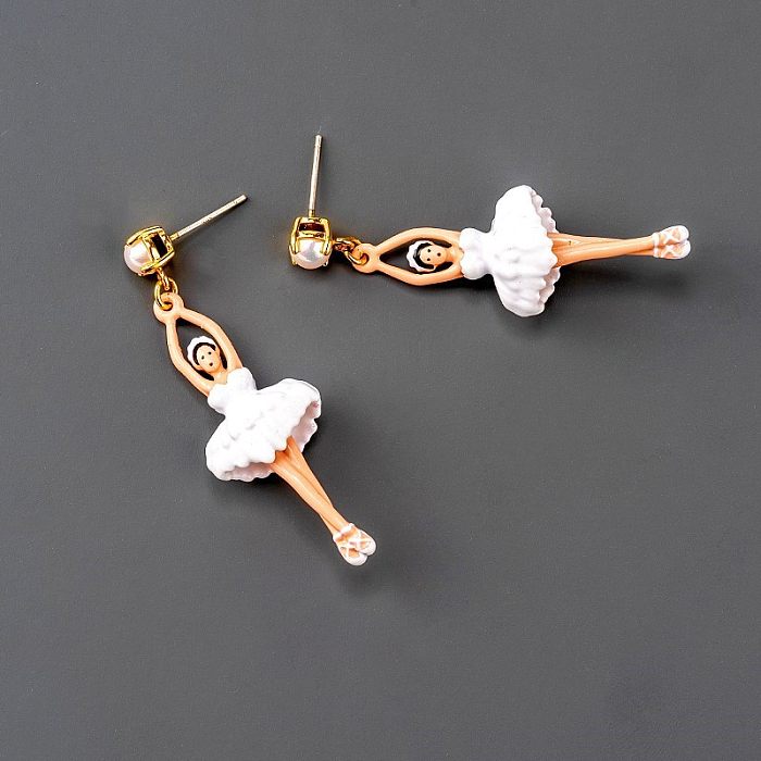 1 Pair Retro Ballet Girl Enamel Plating Copper 18K Gold Plated Drop Earrings