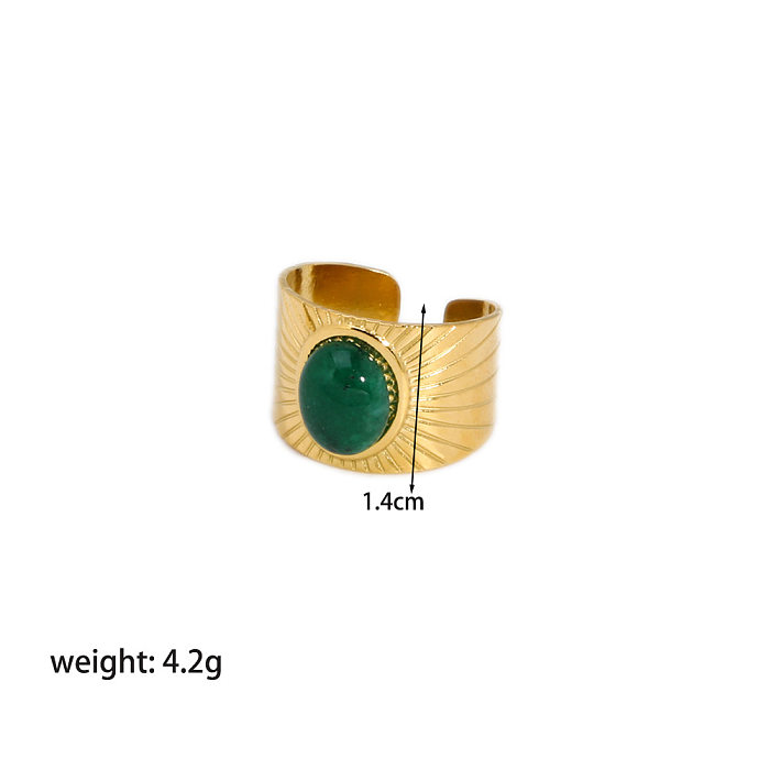 Retro Streetwear Oval Stainless Steel Plating Inlay Natural Stone 18K Gold Plated Open Rings