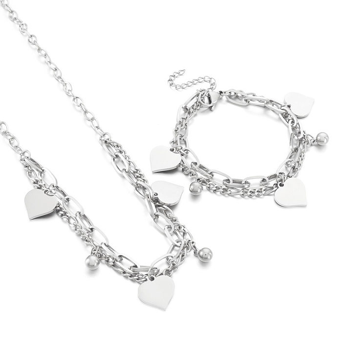 Fashion Heart Shape Titanium Steel Plating Bracelets Necklace 1 Set