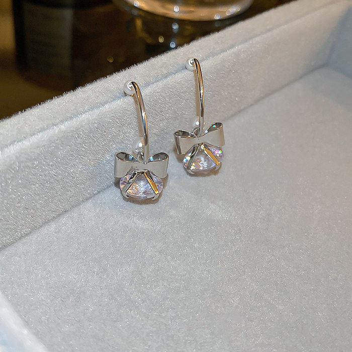1 Pair Lady Korean Style Bow Knot Inlay Copper Zircon Drop Earrings