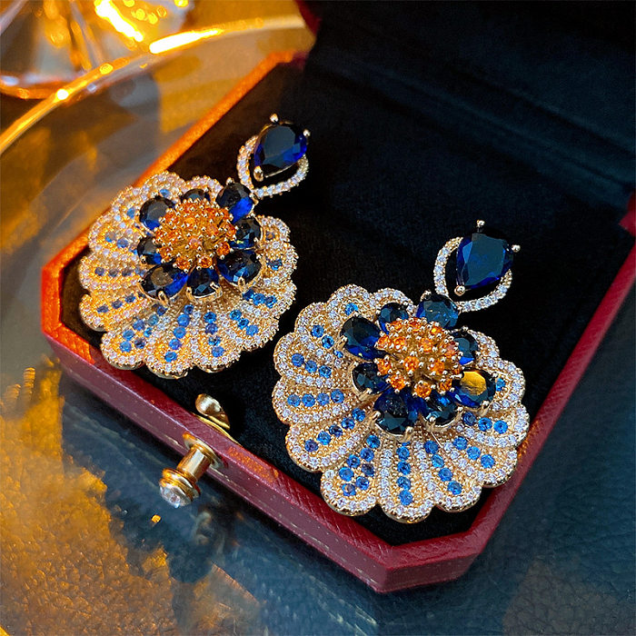 1 Pair Simple Style Shiny Water Droplets Flower Inlay Copper Zircon Drop Earrings