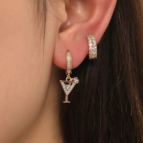 Boucles d'oreilles créoles en cuivre et Zircon, 2 pièces, cercle élégant, incrustation de verre à vin, boucles d'oreilles pendantes