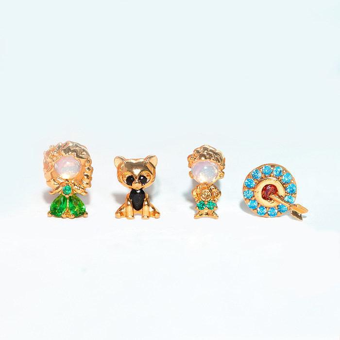 1 Set Cute Cartoon Character Brass Asymmetrical Plating Inlay Zircon 18K Gold Plated Ear Studs