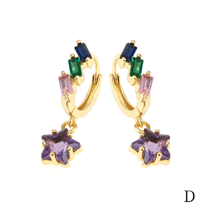 1 paire de boucles d'oreilles luxueuses en pentagramme brillant en forme de cœur, incrustation de cuivre et de Zircon plaqué or 18 carats