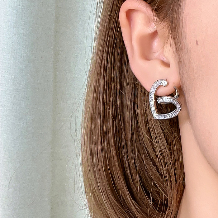1 Pair Casual Simple Style Heart Shape Plating Inlay Copper Zircon White Gold Plated Gold Plated Ear Studs