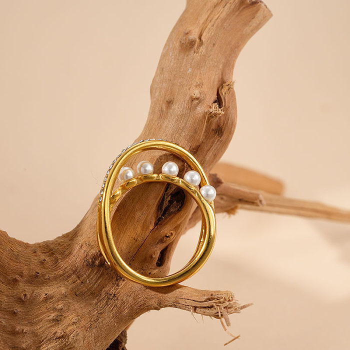 Anillos de diamantes de perlas chapados en oro con incrustaciones de acero inoxidable redondos de doble anillo de estilo simple informal al por mayor