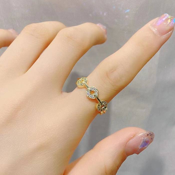 Simple Style Four Leaf Clover Round Flower Copper Plating Inlay Zircon Open Ring