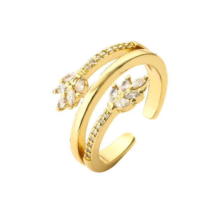 Luxuoso anel aberto de zircão com incrustações geométricas de cobre