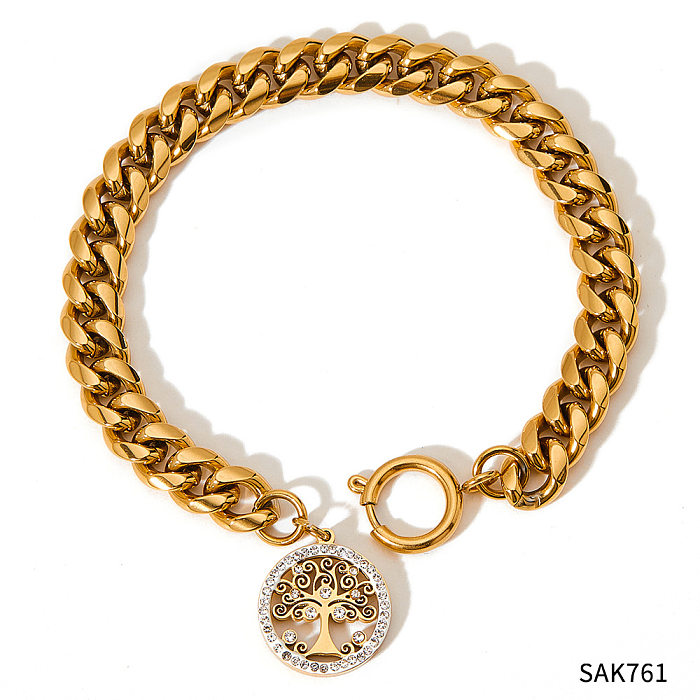 Collar de pulseras de diamantes artificiales chapado en acero inoxidable con árbol de moda