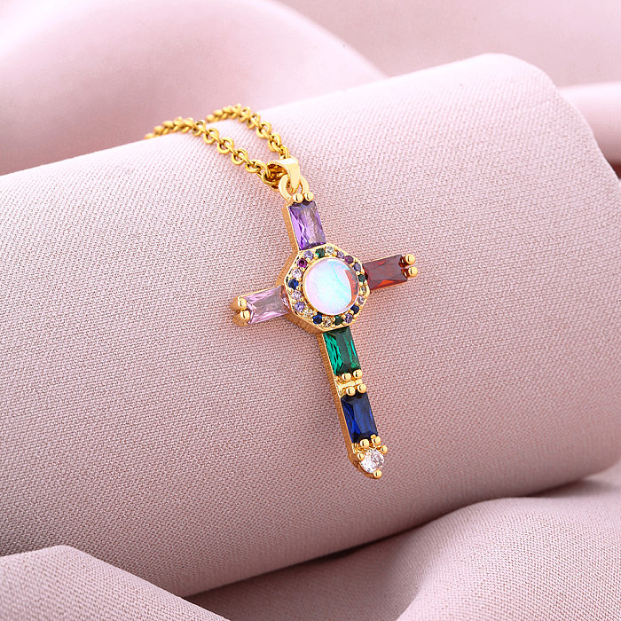 Fashion Cross Stainless Steel Copper Plating Inlay Zircon Pendant Necklace 1 Piece