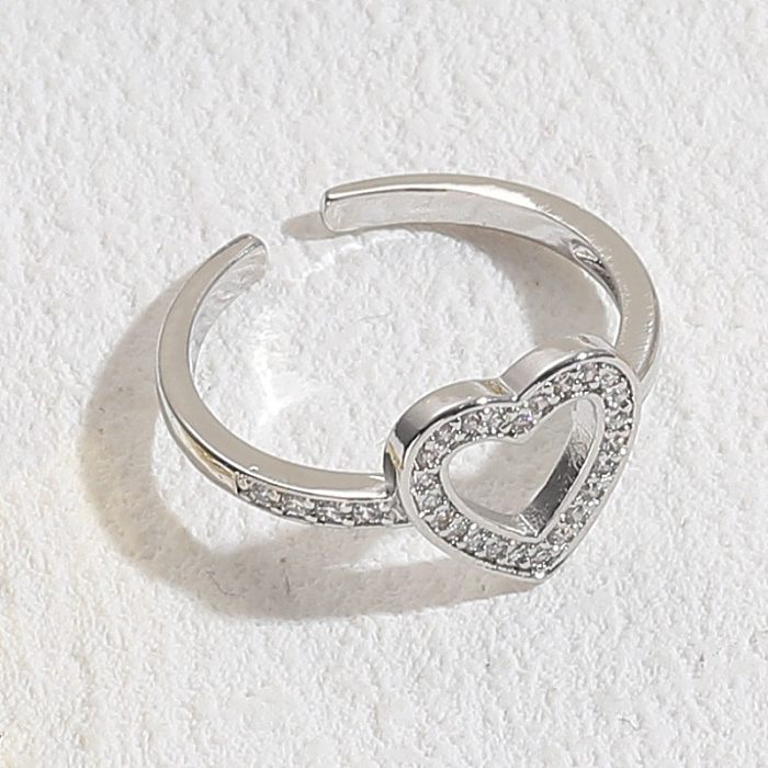 Glam Letter Heart Shape Copper Inlay Zircon 14K Gold Plated Open Ring