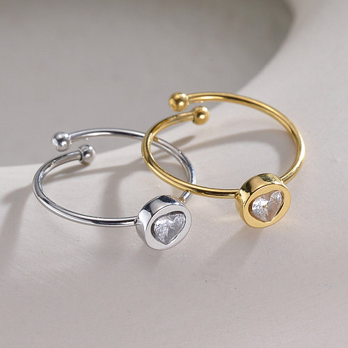 Estilo simples estilo clássico formato de coração em aço inoxidável chapeamento embutido zircão anéis abertos banhados a ouro 14K