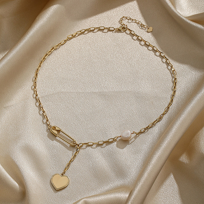 IG-Stil, einfacher Stil, Herzform, Kupferperlenbeschichtung, 18 Karat vergoldet, Anhänger-Halskette