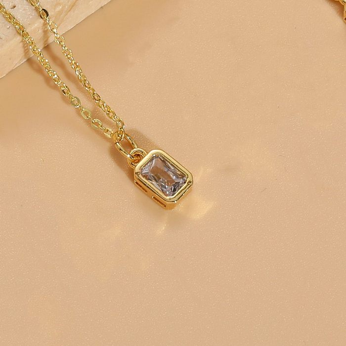 Elegant Classic Style Square Copper Plating Inlay Zircon 14K Gold Plated Pendant Necklace