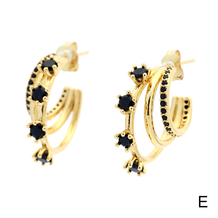Brincos de orelha de zircão banhados a ouro de cobre em forma de C estilo simples 1 par