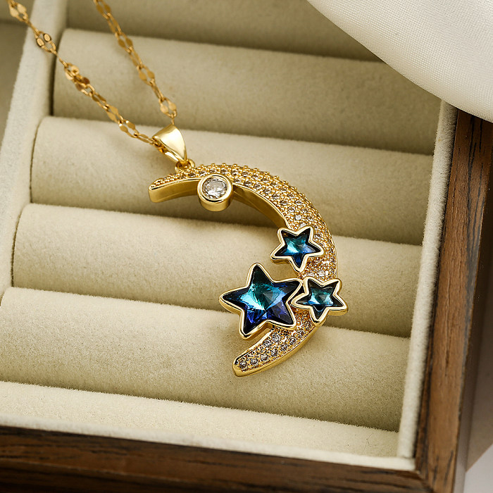 Collier pendentif plaqué or 18 carats avec incrustation de cuivre en forme d'étoile et de lune de style simple