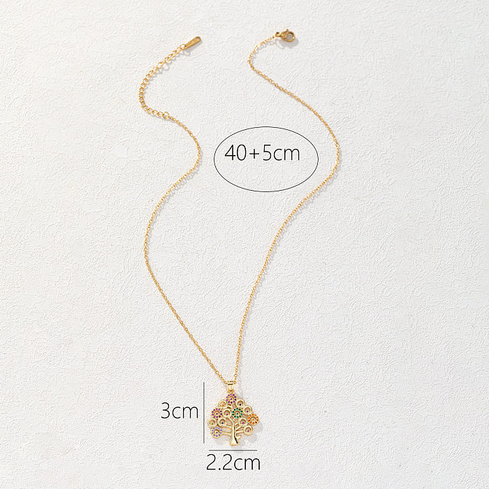 Simple Style Tree Copper Plating Hollow Out Inlay Zircon Pendant Necklace