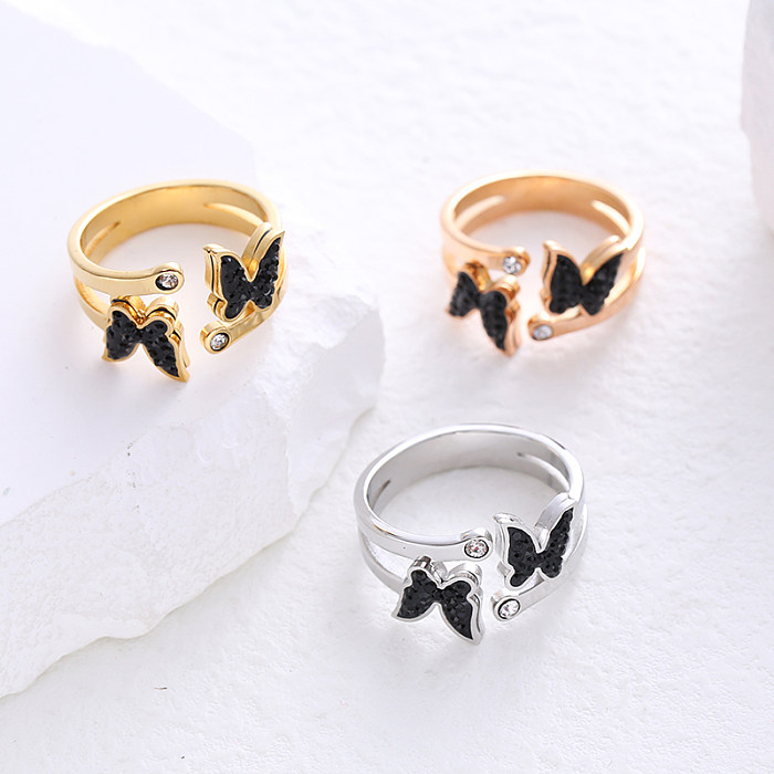 Simple Style Commute Butterfly Stainless Steel Inlay Rhinestones 24K Gold Plated Rings