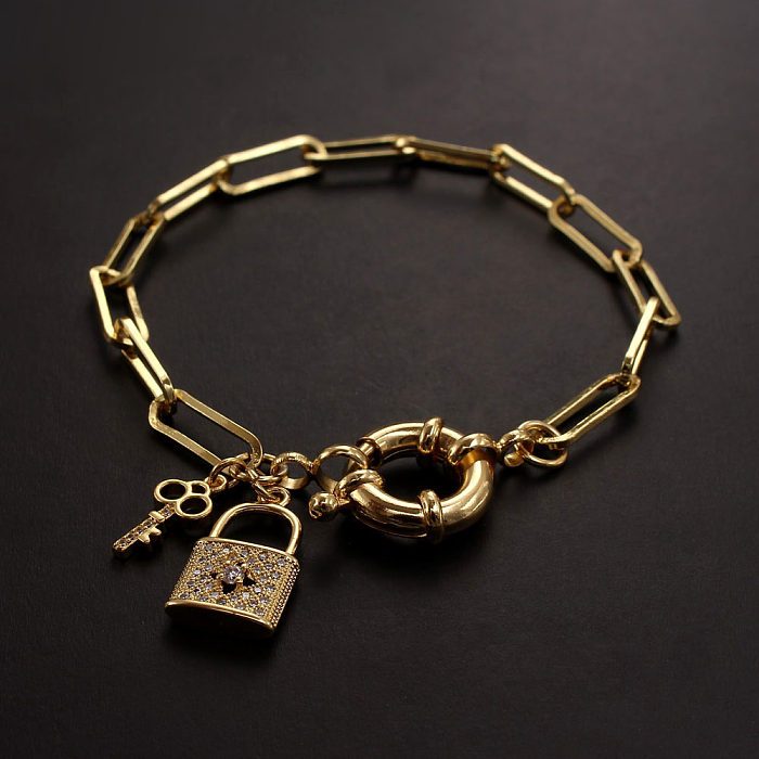 Hip-Hop Heart Shape Key Lock Copper Inlay Zircon Bracelets