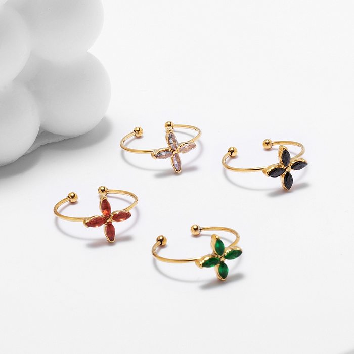 Cute Four Leaf Clover Stainless Steel Plating Inlay Zircon Open Rings