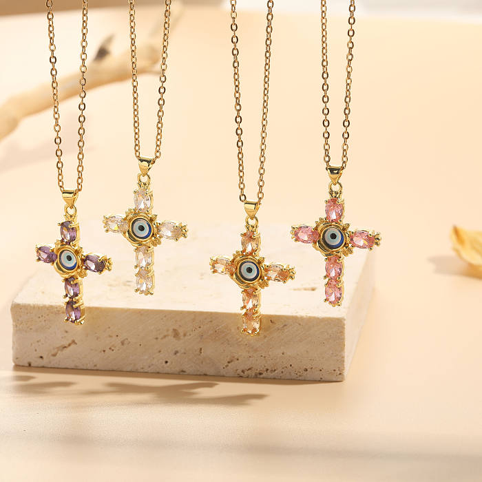 Glam Modern Style Cross Devil'S Eye Copper 14K Gold Plated Zircon Pendant Necklace In Bulk