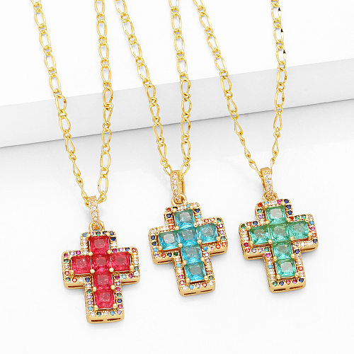 Schlichte Kreuz-Kupfer-Halskette mit 18 Karat vergoldetem Zirkon-Anhänger in großen Mengen