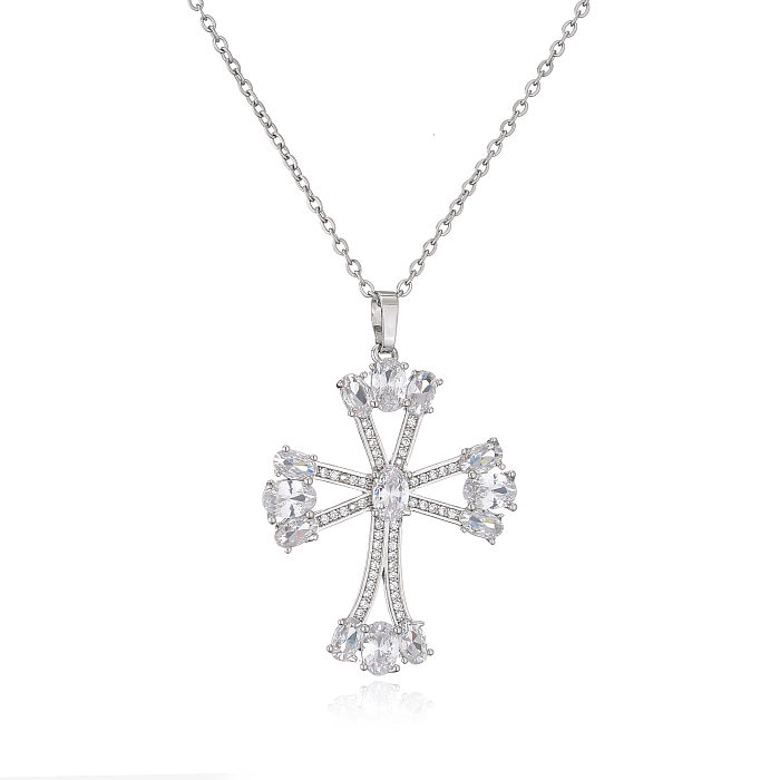 Micro Inlaid Zircon Cross Pendant Copper Necklace Religious Ornament