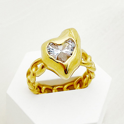 Correntes em formato de coração estilo vintage estampadas em aço inoxidável com incrustações de zircão anéis banhados a ouro