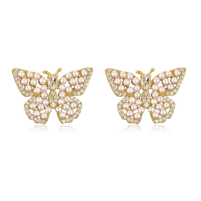 Sweet Flower Butterfly Copper Inlay Artificial Pearls Ear Studs 1 Pair