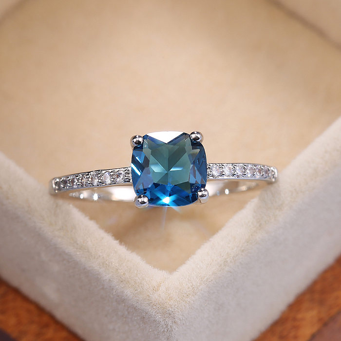 Anillo de cobre con diamante cuadrado azul zafiro con microincrustaciones de moda para mujer