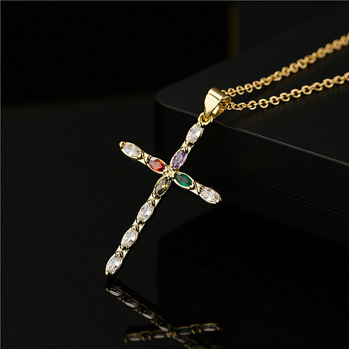 Retro Kupfer überzogene echte Goldfarbe Zirkonium Kreuz Anhänger Halskette weiblichen religiösen Schmuck