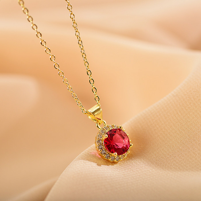 Elegante romântico redondo cobre chapeamento embutido zircão colar pingente banhado a ouro