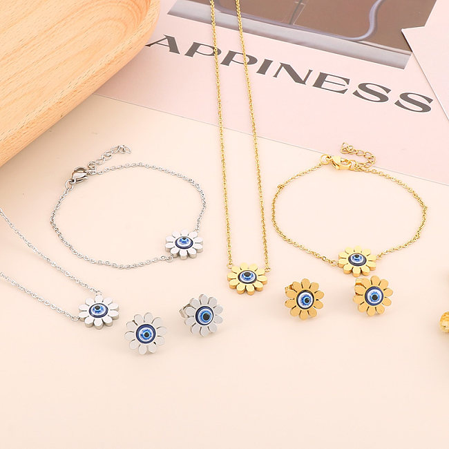 Casual Vacation Sunflower Eye Titanium Steel Plating 18K Gold Plated Jewelry Set