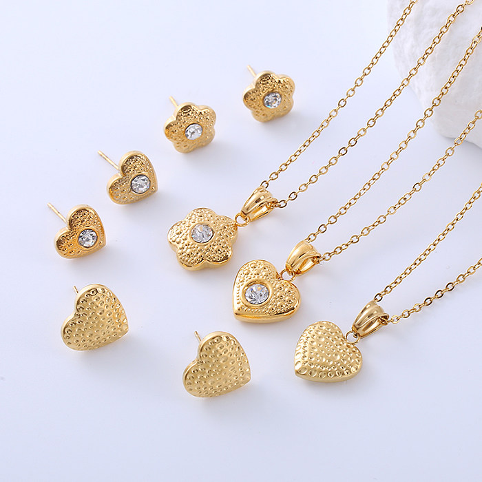 Simple Style Heart Shape Flower Stainless Steel Plating Zircon 18K Gold Plated Earrings Necklace Jewelry Set