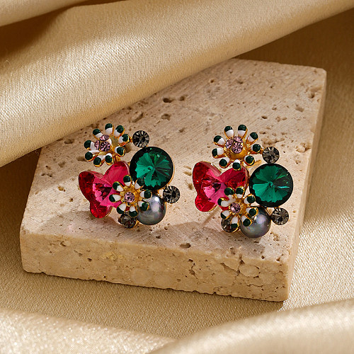 1 paire de clous d'oreilles plaqués or 18 carats, incrustation de fleurs Lolita, perles artificielles en cuivre et Zircon