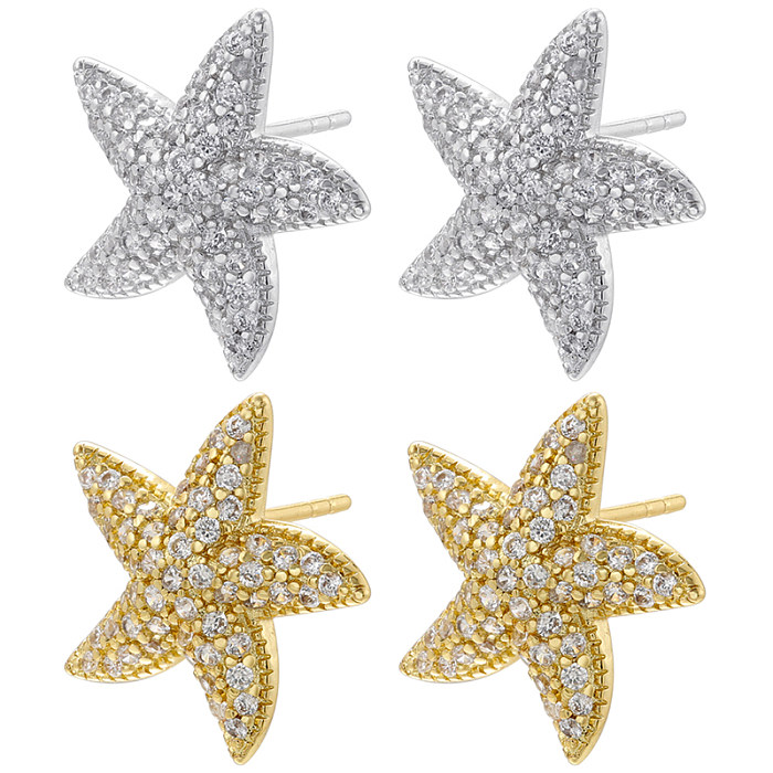 1 Pair Elegant Pentagram Starfish Plating Inlay Copper Zircon 18K Gold Plated Ear Studs