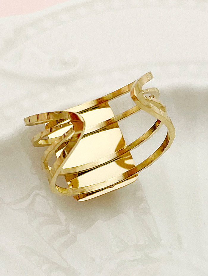 Estilo simples estilo romano quadrado chapeamento de aço inoxidável incrustação de pedra de vidro banhado a ouro 14K anéis abertos