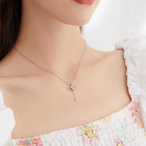 Sweet Heart Shape Wings Copper Plating Hollow Out Inlay Zircon Pendant Necklace