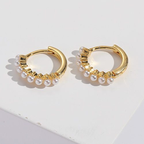 Modische geometrische Kupfer-Creolen mit eingelegten Perlen, Kupfer-Ohrringe, 1 Paar